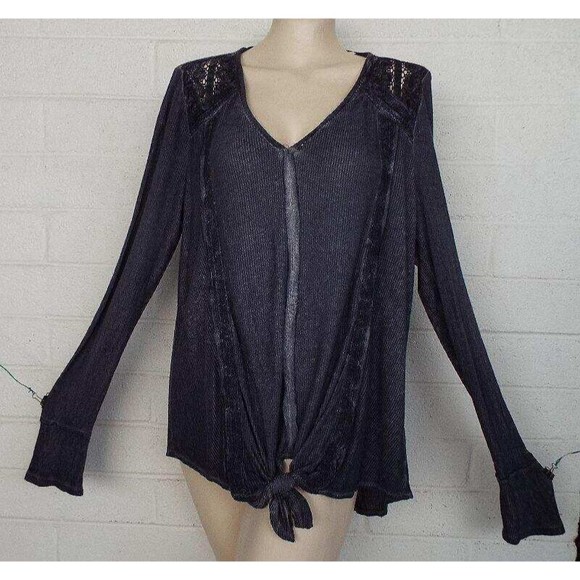 New KNOX ROSE XL Charcoal Gray Black Lace Embellished Tie Front Rayon Knit Top - Picture 1 of 3